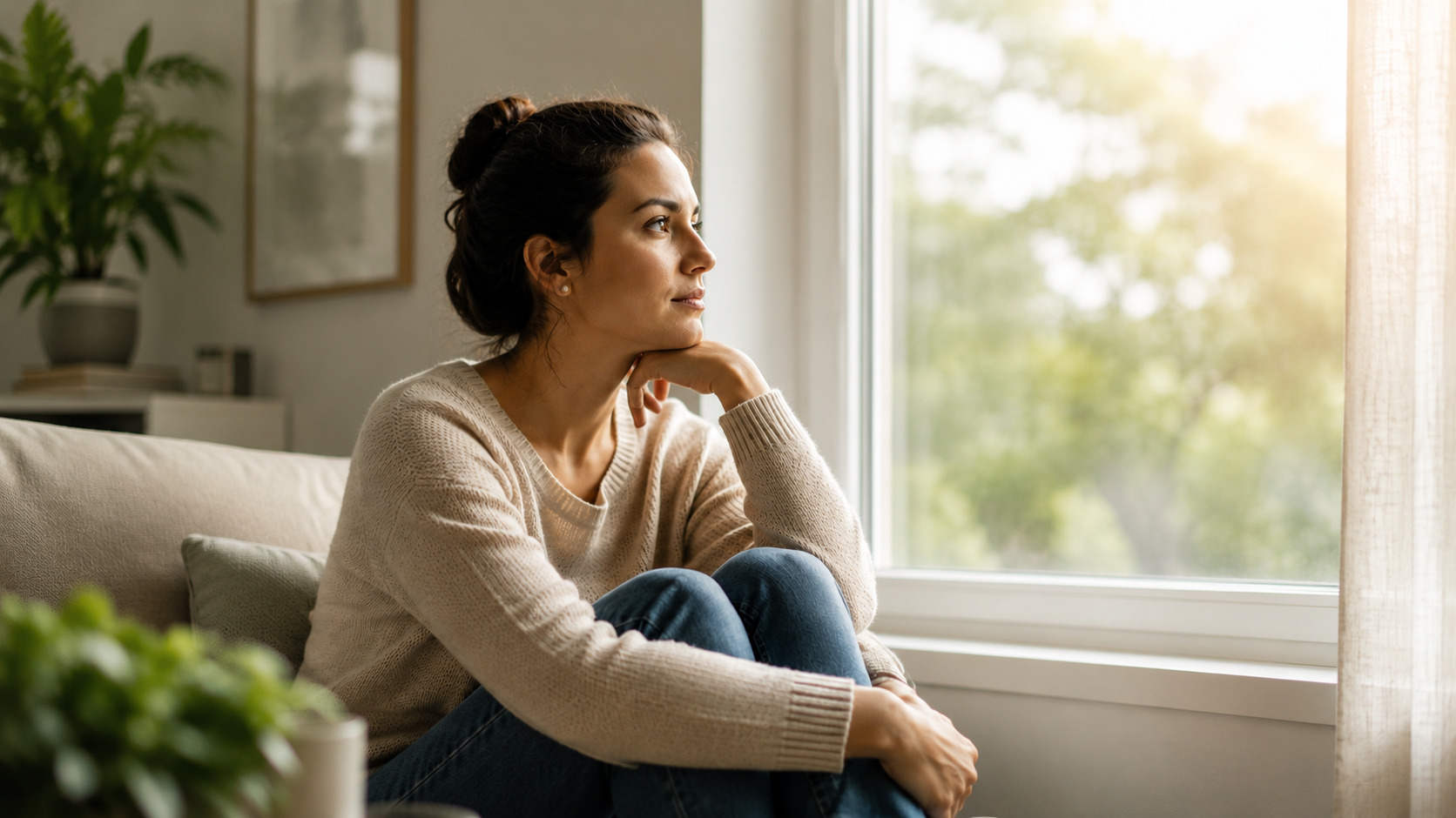 Mulher observando pela janela em momento de introspecção, ilustrando os sinais da ansiedade no dia a dia.